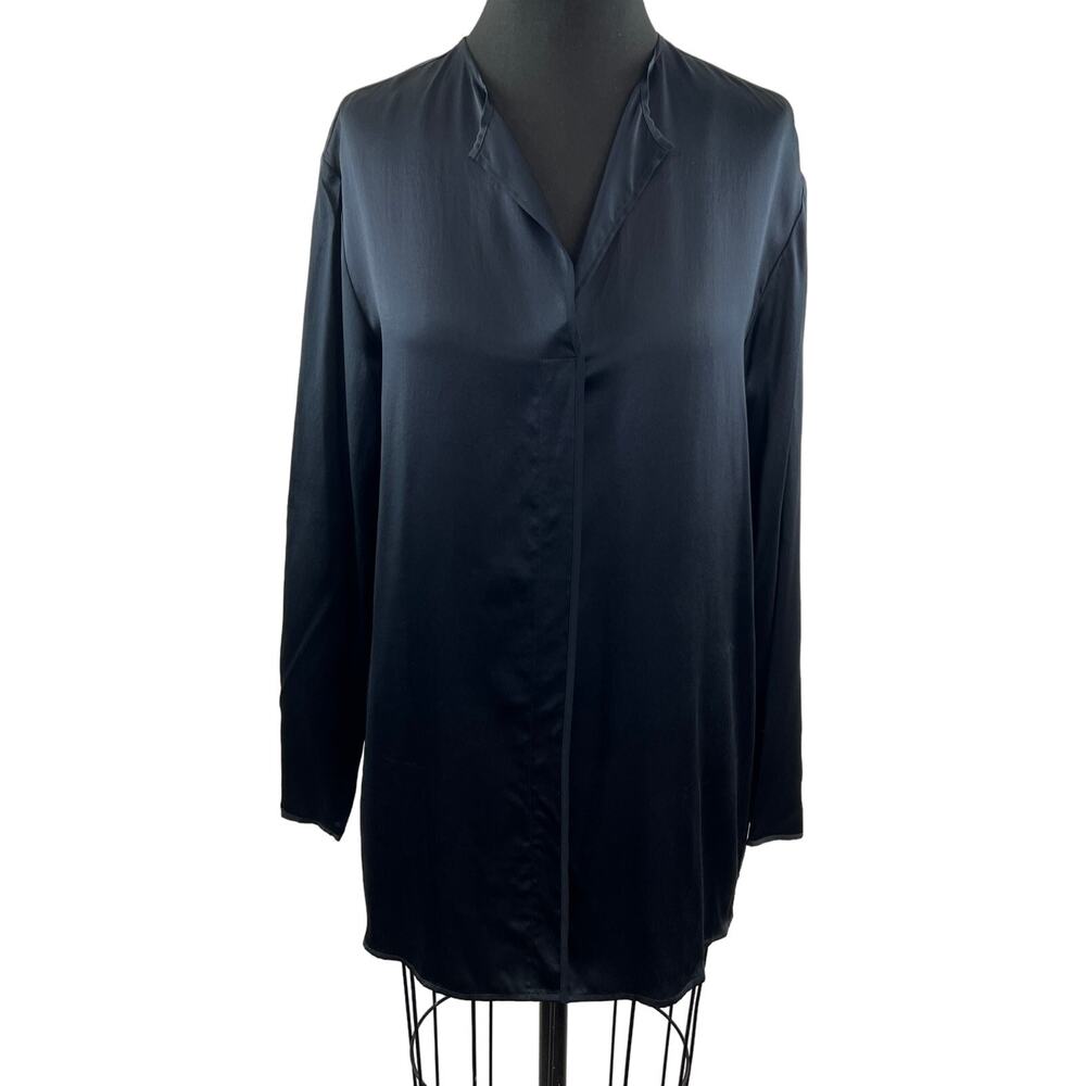 VINTAGE Elie Tahari Black Top Silk Split-Neck Bell Sleeve Pullover Size Large L